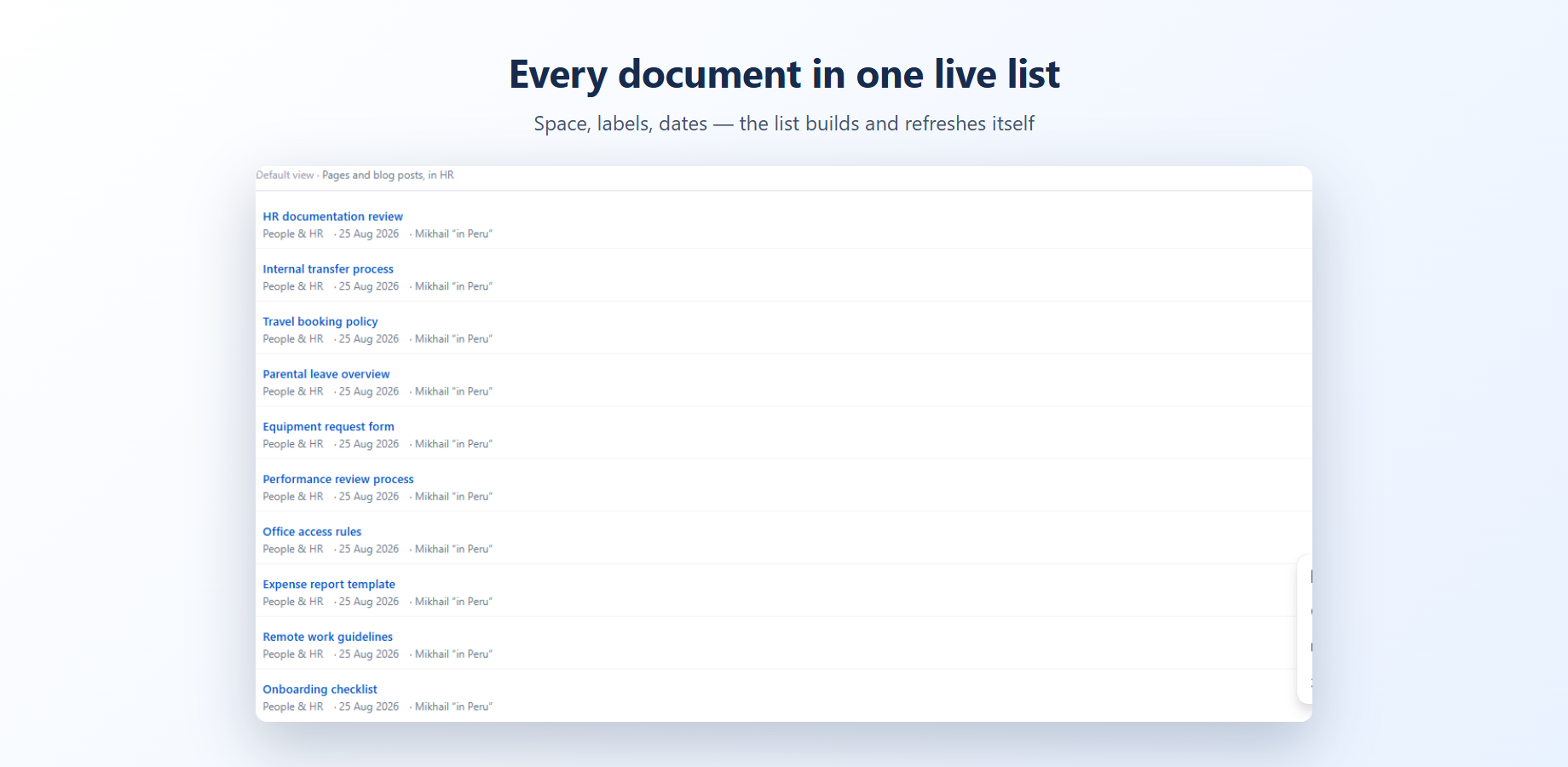 A Confluence page showing a live list of pages built from conditions